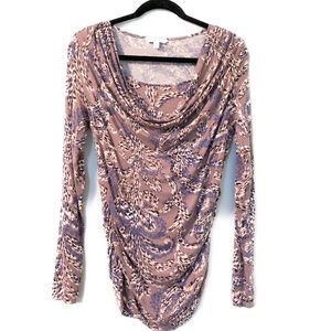 CAbi Draped Lola Print Cow Neck Ruched Top